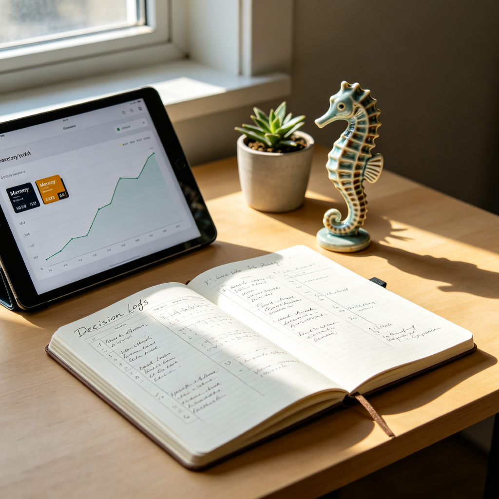 A minimalist desk with an open decision log notebook and a tablet displaying a memory dashboard — representing how AI memory systems organize your knowledge