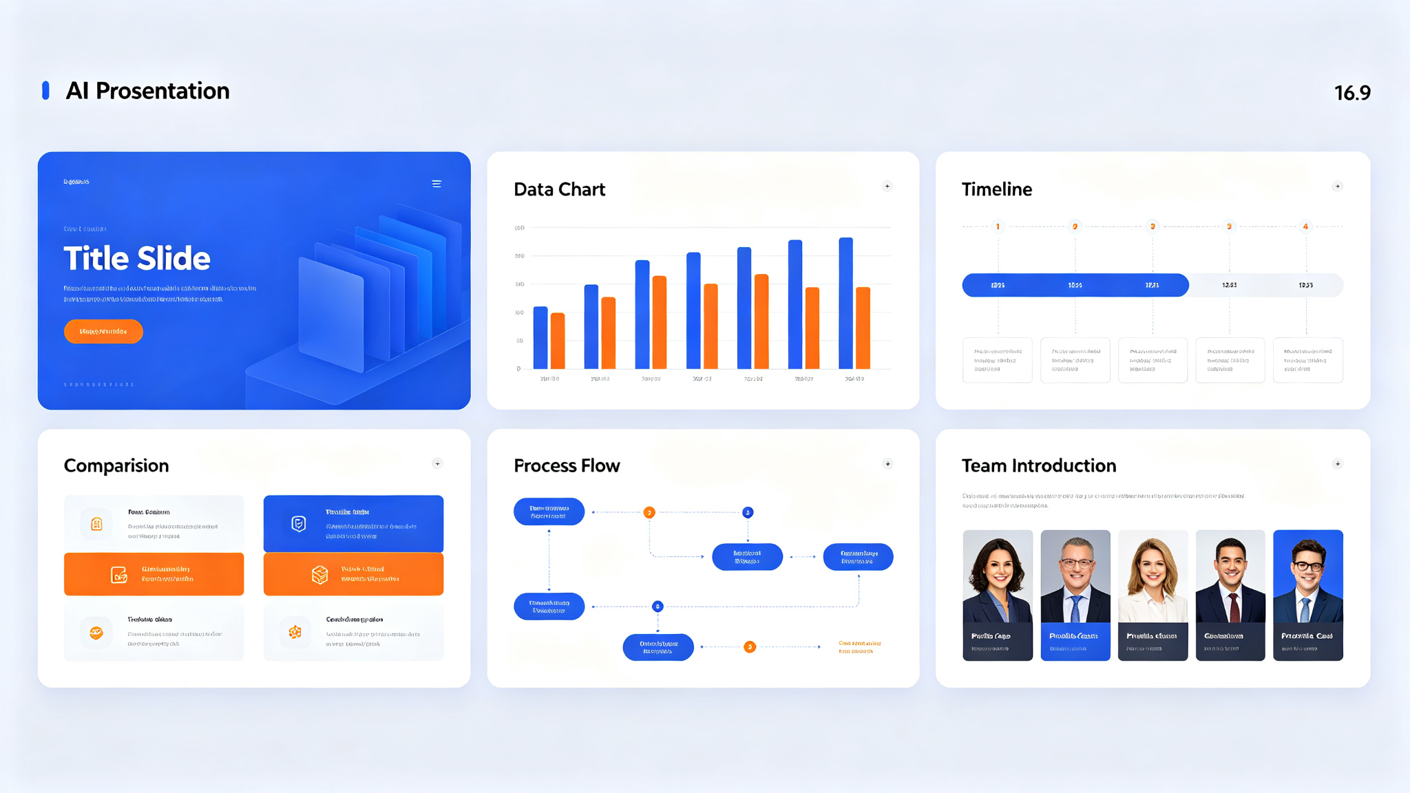 Different types of presentation slides including title, data chart, timeline, comparison, process flow, and team introduction