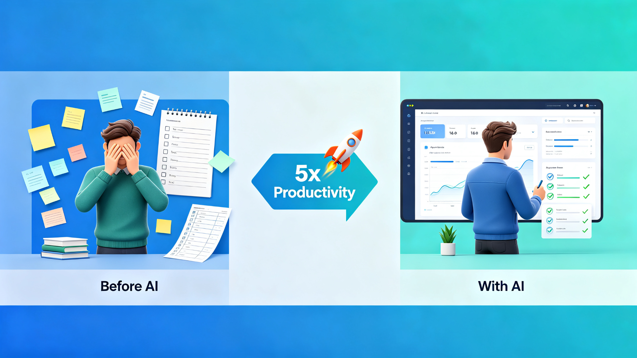 Productivity comparison showing before AI (overwhelmed) vs with AI (organized and efficient)