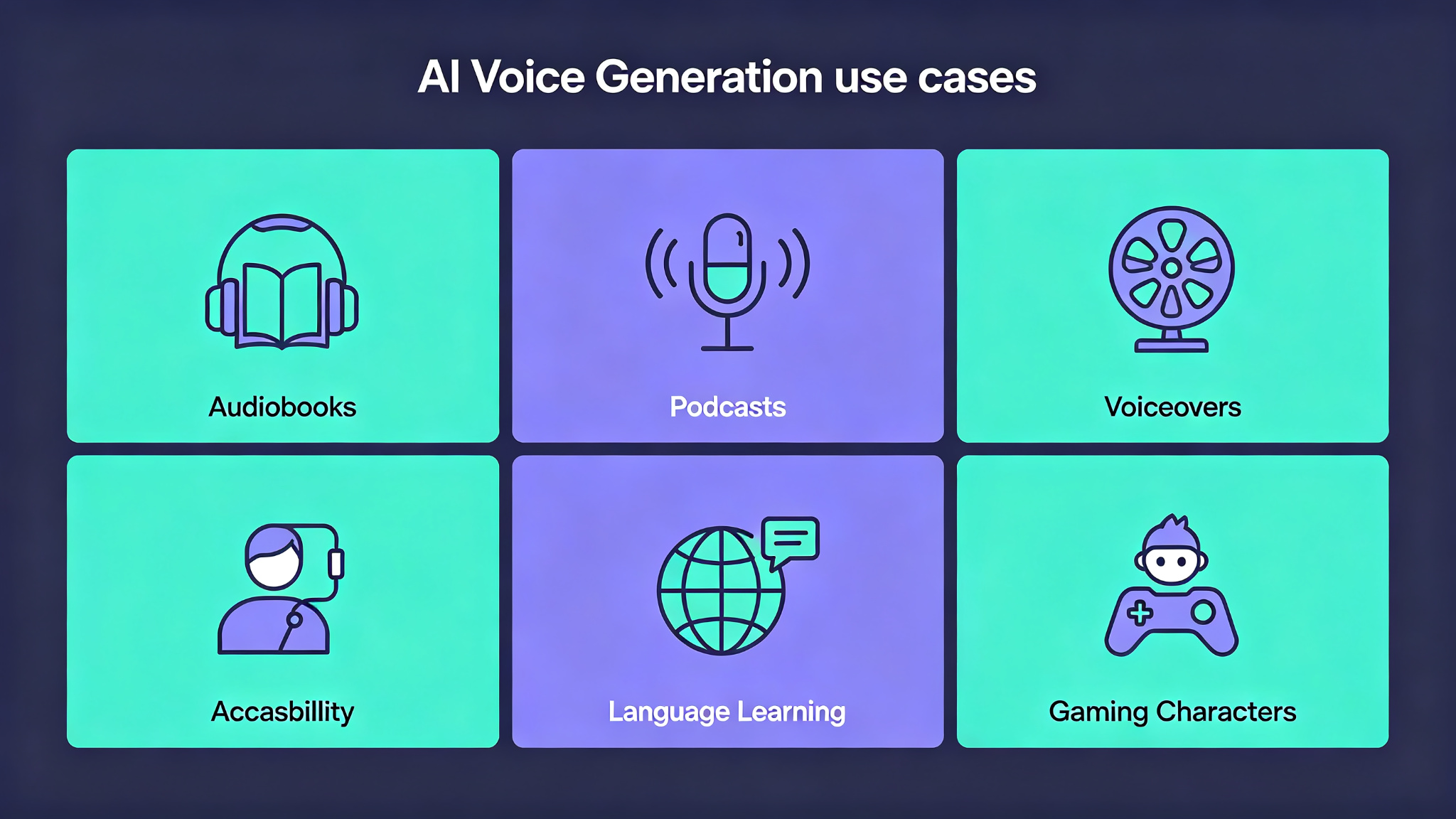 AI voice generation use cases including audiobooks, podcasts, voiceovers, accessibility, language learning, and gaming